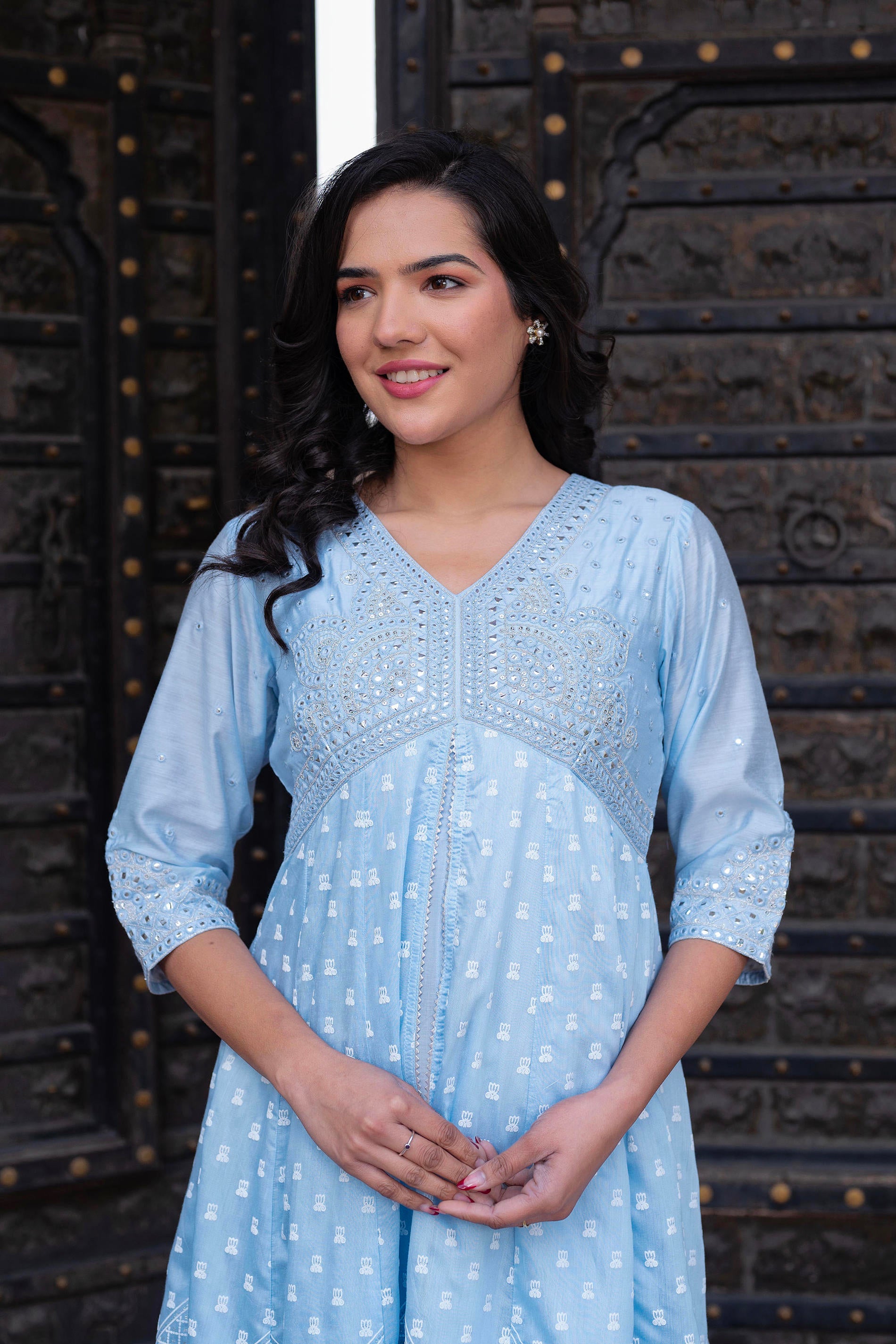 Sky Blue Chanderi Geometric Printed Mirror Embroidered Dress with Gota Lace & Glitter Work