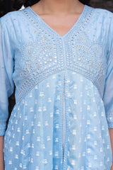Sky Blue Chanderi Geometric Printed Mirror Embroidered Dress with Gota Lace & Glitter Work-P1280SKYBLUE_ON