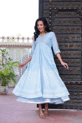 Sky Blue Chanderi Geometric Printed Mirror Embroidered Dress with Gota Lace & Glitter Work-P1280SKYBLUE_ON