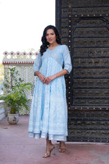Sky Blue Chanderi Geometric Printed Mirror Embroidered Dress with Gota Lace & Glitter Work-P1280SKYBLUE_ON