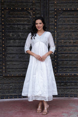 White Chanderi Geometric Printed Dress with Mirror Embroidery, Gota Lace & Glitter Work-P1280WHITE_ON