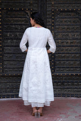 White Chanderi Geometric Printed Dress with Mirror Embroidery, Gota Lace & Glitter Work-P1280WHITE_ON