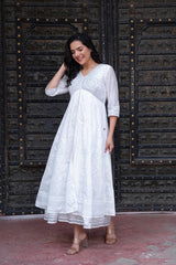 White Chanderi Geometric Printed Dress with Mirror Embroidery, Gota Lace & Glitter Work-P1280WHITE_ON
