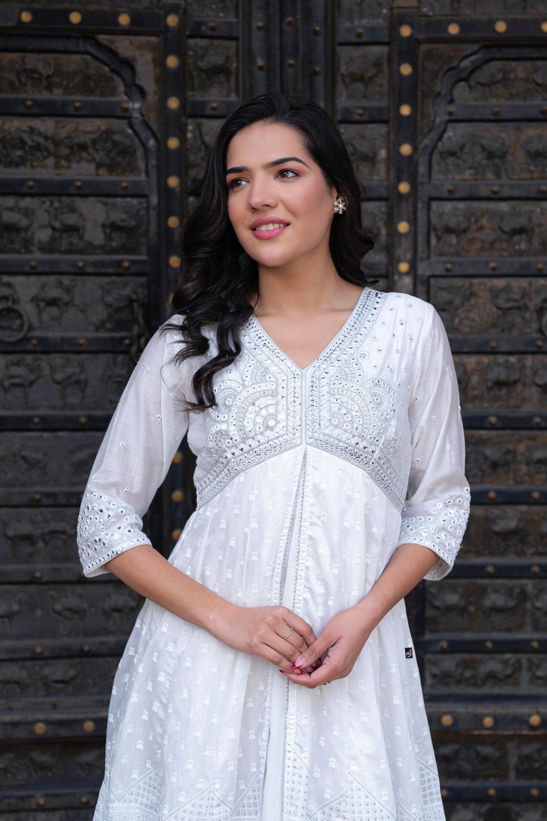 White Chanderi Geometric Printed Dress with Mirror Embroidery, Gota Lace & Glitter Work