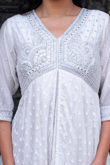 White Chanderi Geometric Printed Dress with Mirror Embroidery, Gota Lace & Glitter Work-P1280WHITE_ON