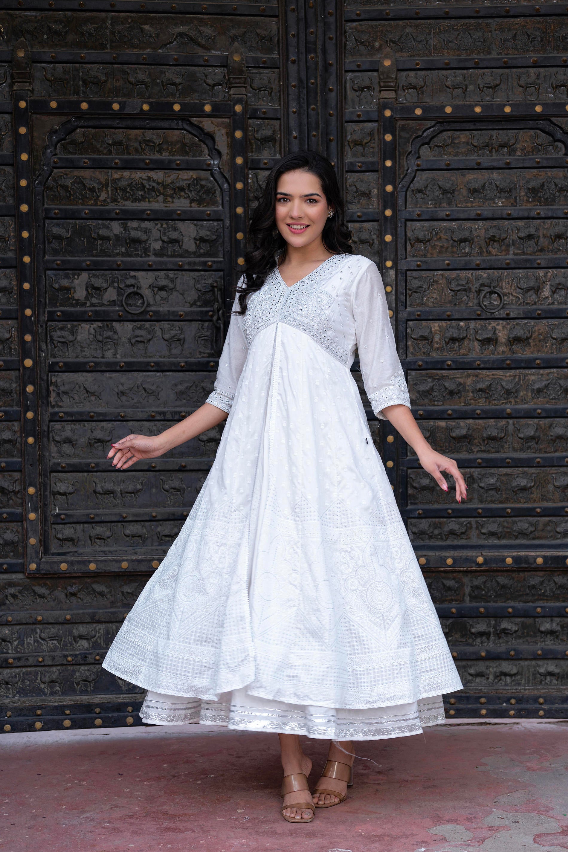 White Chanderi Geometric Printed Dress with Mirror Embroidery, Gota Lace & Glitter Work