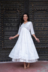 White Chanderi Geometric Printed Dress with Mirror Embroidery, Gota Lace & Glitter Work-P1280WHITE_ON