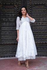 White Chanderi Geometric Printed Dress with Mirror Embroidery, Gota Lace & Glitter Work-P1280WHITE_ON
