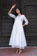White Chanderi Geometric Printed Dress with Mirror Embroidery, Gota Lace & Glitter Work-P1280WHITE_ON