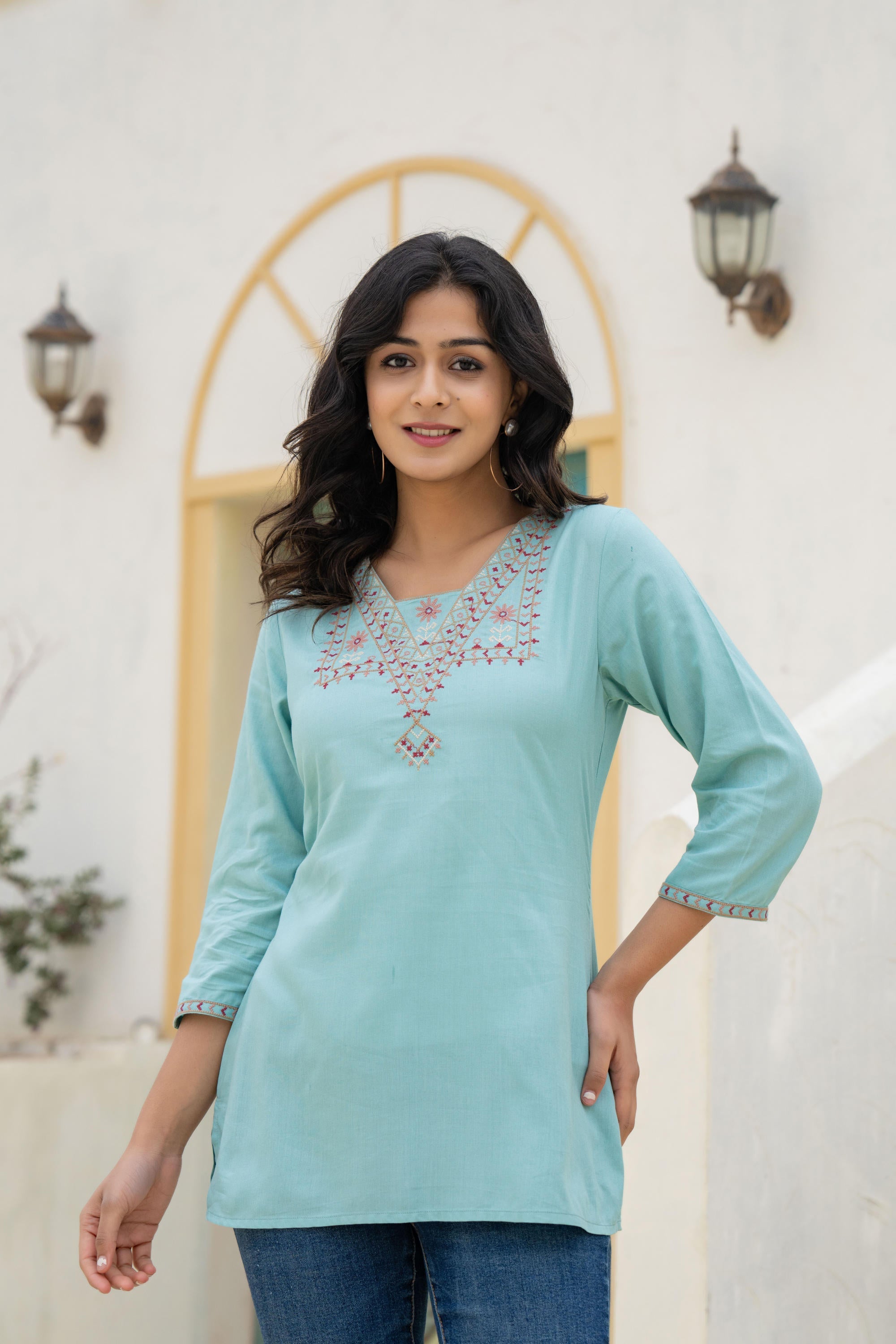 Aqua Solid Viscose Tunic With Thread Work | DesiQlo
