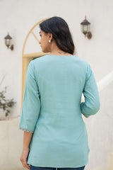Aqua Solid  Viscose Tunic With Thread Work