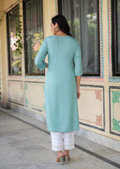 Aqua Embroidered Floral Viscose Kurta with Sequins & Cotton Lace-P1289AQUA_ON