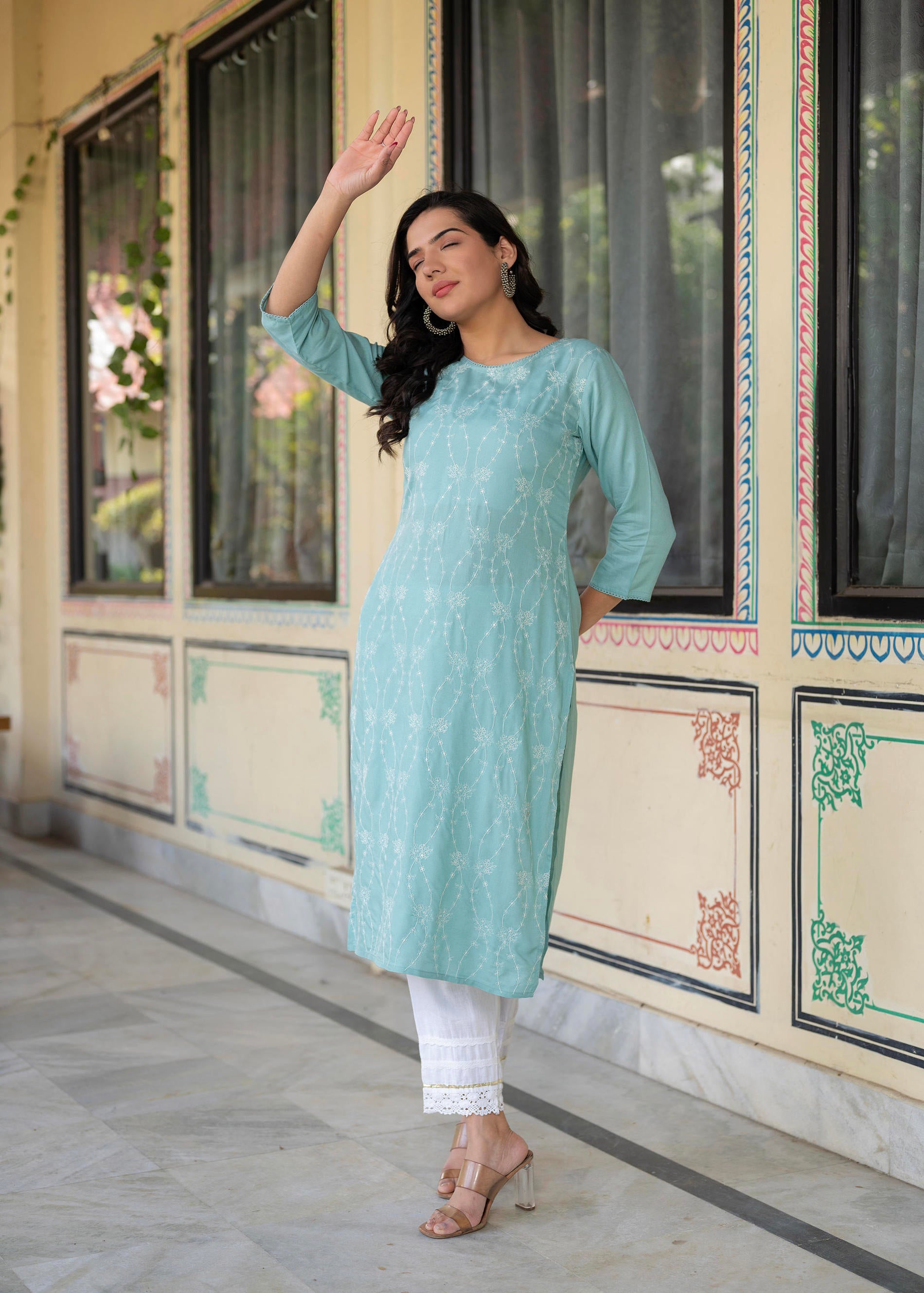 Aqua Embroidered Floral Viscose Kurta with Sequins & Cotton Lace