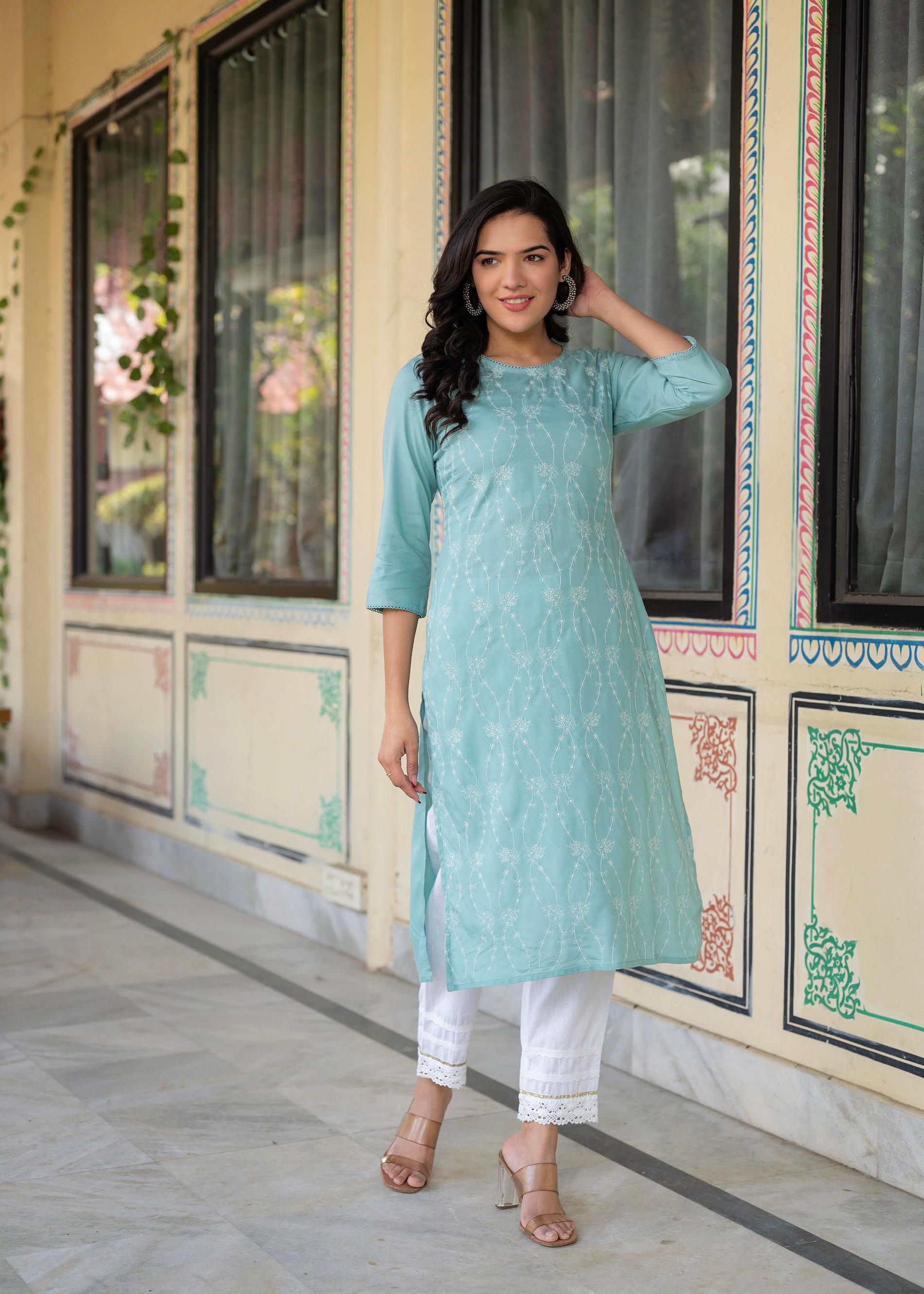 Aqua Embroidered Floral Viscose Kurta with Sequins & Cotton Lace