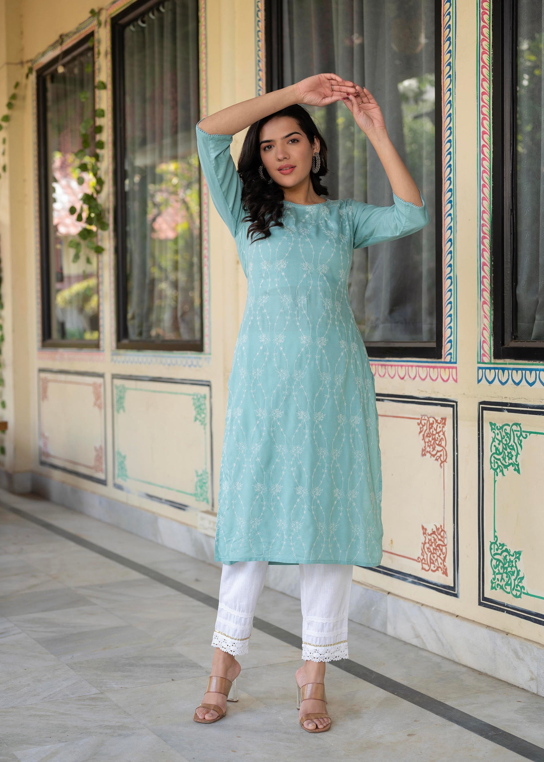 Aqua Embroidered Floral Viscose Kurta with Sequins & Cotton Lace