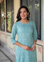 Aqua Embroidered Floral Viscose Kurta with Sequins & Cotton Lace-P1289AQUA_ON