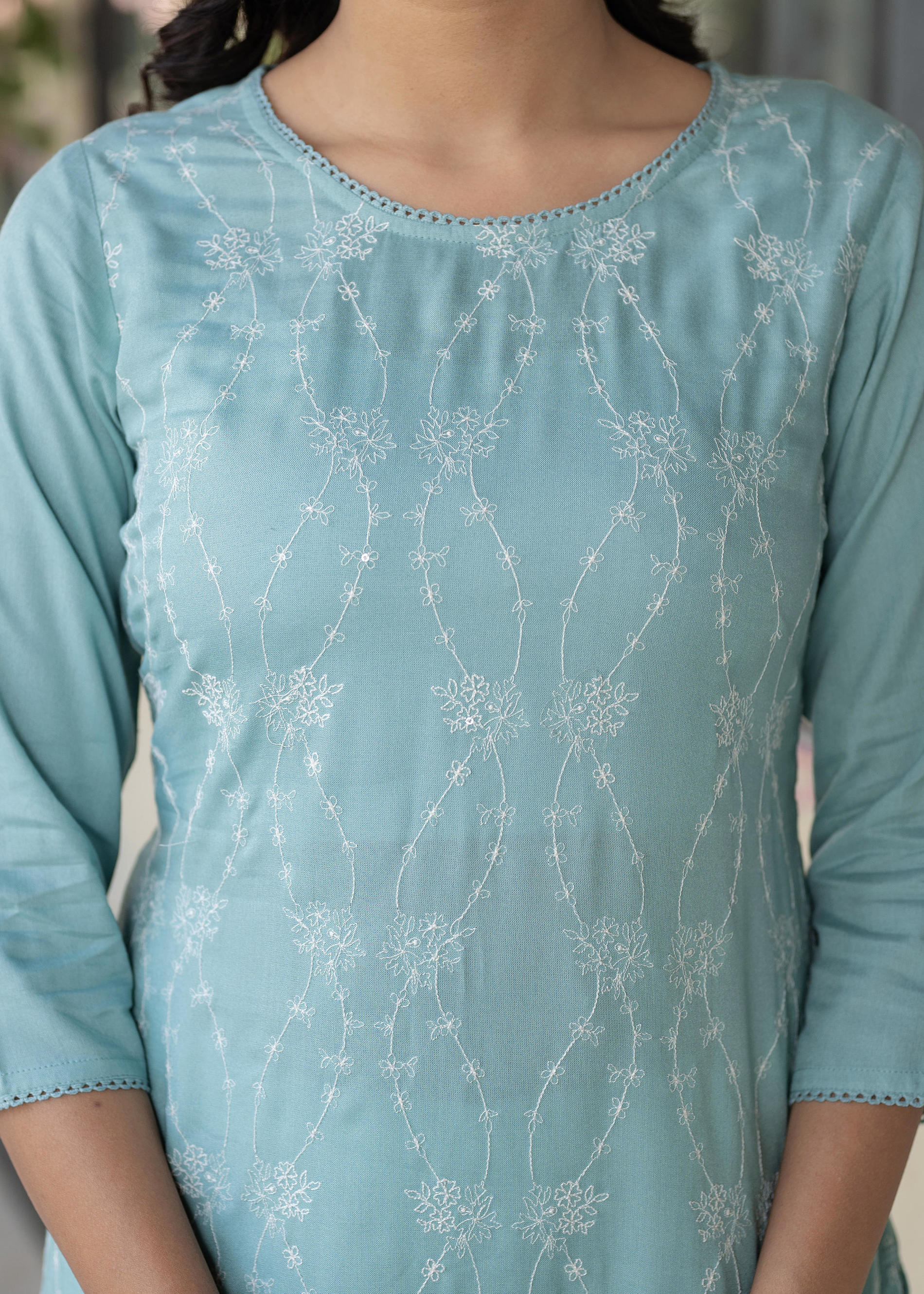 Aqua Embroidered Floral Viscose Kurta with Sequins & Cotton Lace