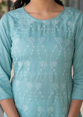 Aqua Embroidered Floral Viscose Kurta with Sequins & Cotton Lace-P1289AQUA_ON