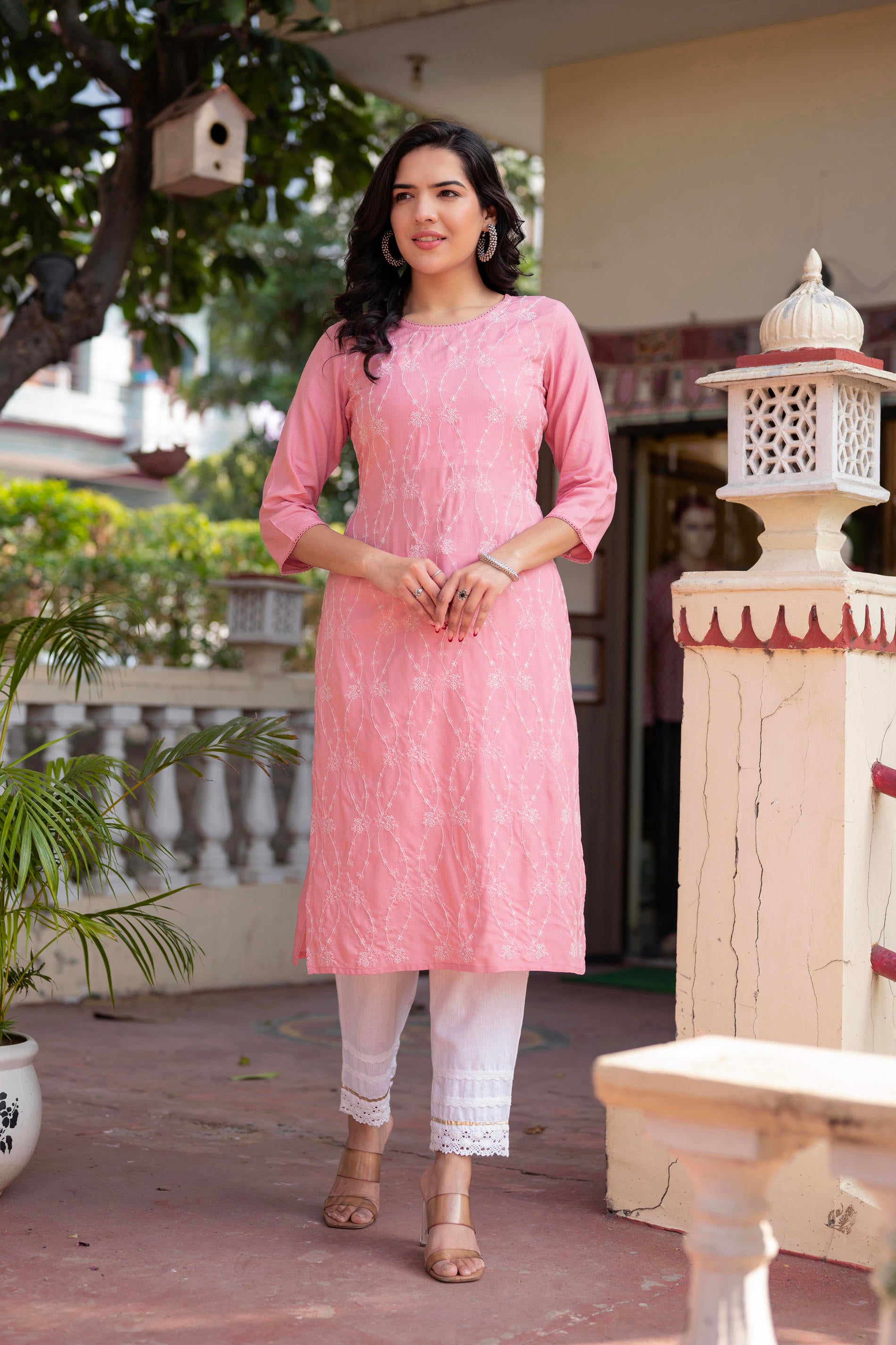 Onion Pink Embroidered Viscose Kurta with Sequins & Cotton Lace