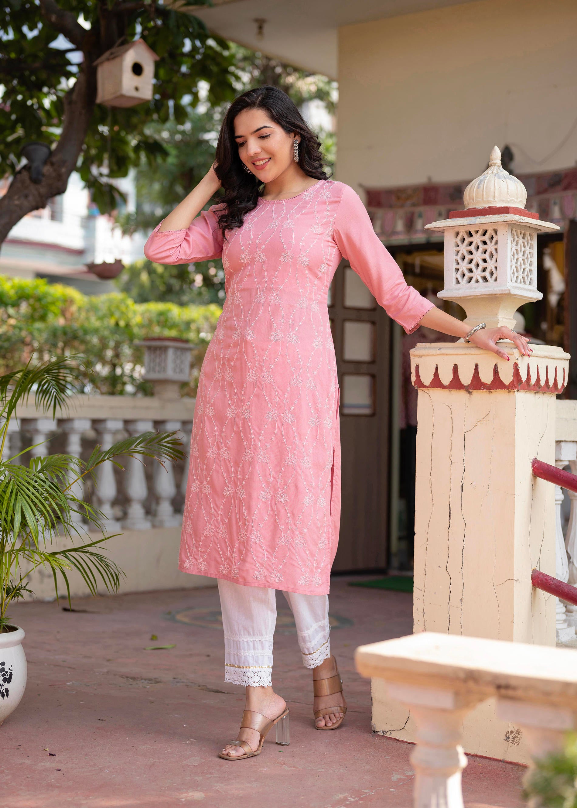 Onion Pink Embroidered Viscose Kurta with Sequins & Cotton Lace