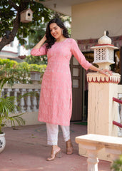 Onion Pink Embroidered Viscose Kurta with Sequins & Cotton Lace-P1289ONIONPINK_ON