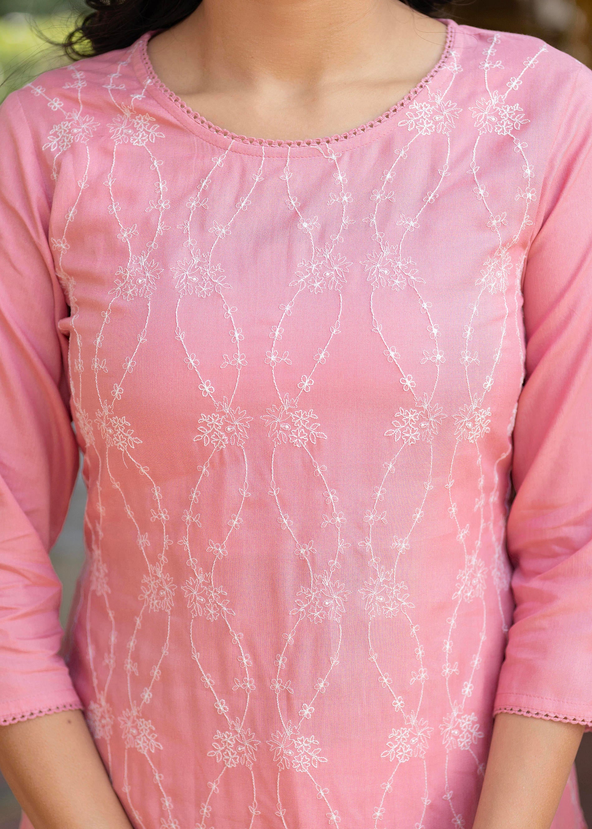 Onion Pink Embroidered Viscose Kurta with Sequins & Cotton Lace
