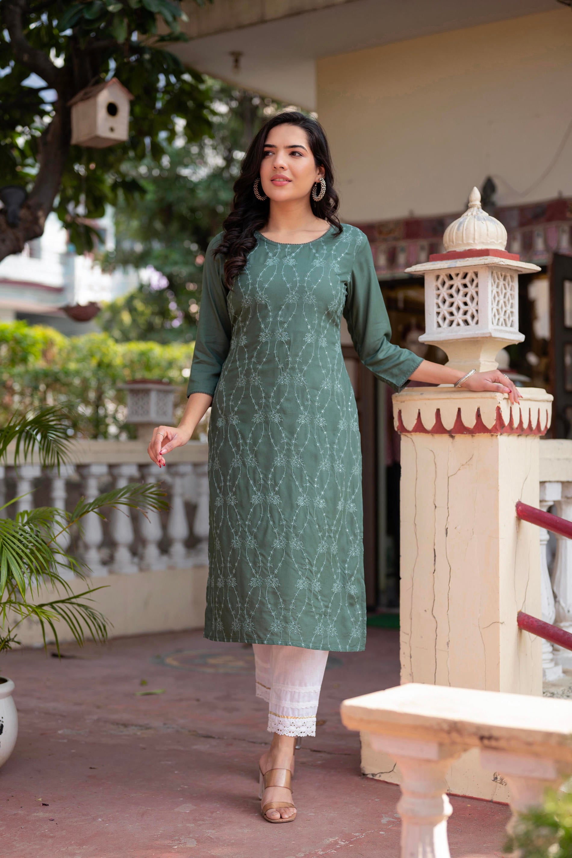Sage Green Embroidered Viscose Kurta with Sequins & Cotton Lace