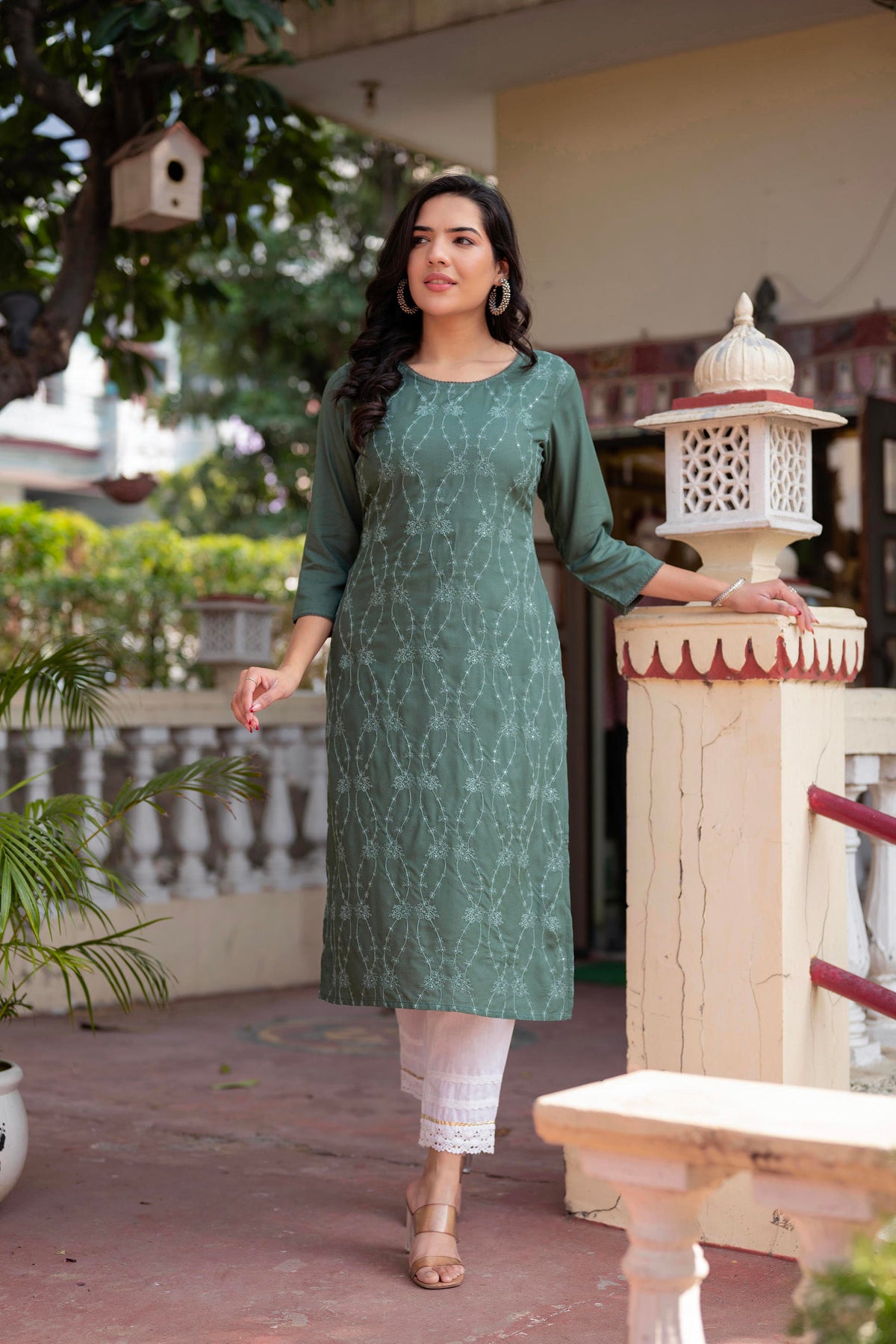 Sage Green Embroidered Viscose Kurta with Sequins & Cotton Lace-P1289SAGEGREEN_ON
