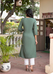 Sage Green Embroidered Viscose Kurta with Sequins & Cotton Lace-P1289SAGEGREEN_ON