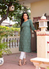 Sage Green Embroidered Viscose Kurta with Sequins & Cotton Lace-P1289SAGEGREEN_ON