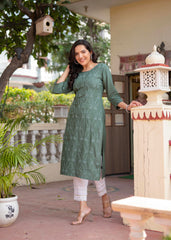 Sage Green Embroidered Viscose Kurta with Sequins & Cotton Lace-P1289SAGEGREEN_ON