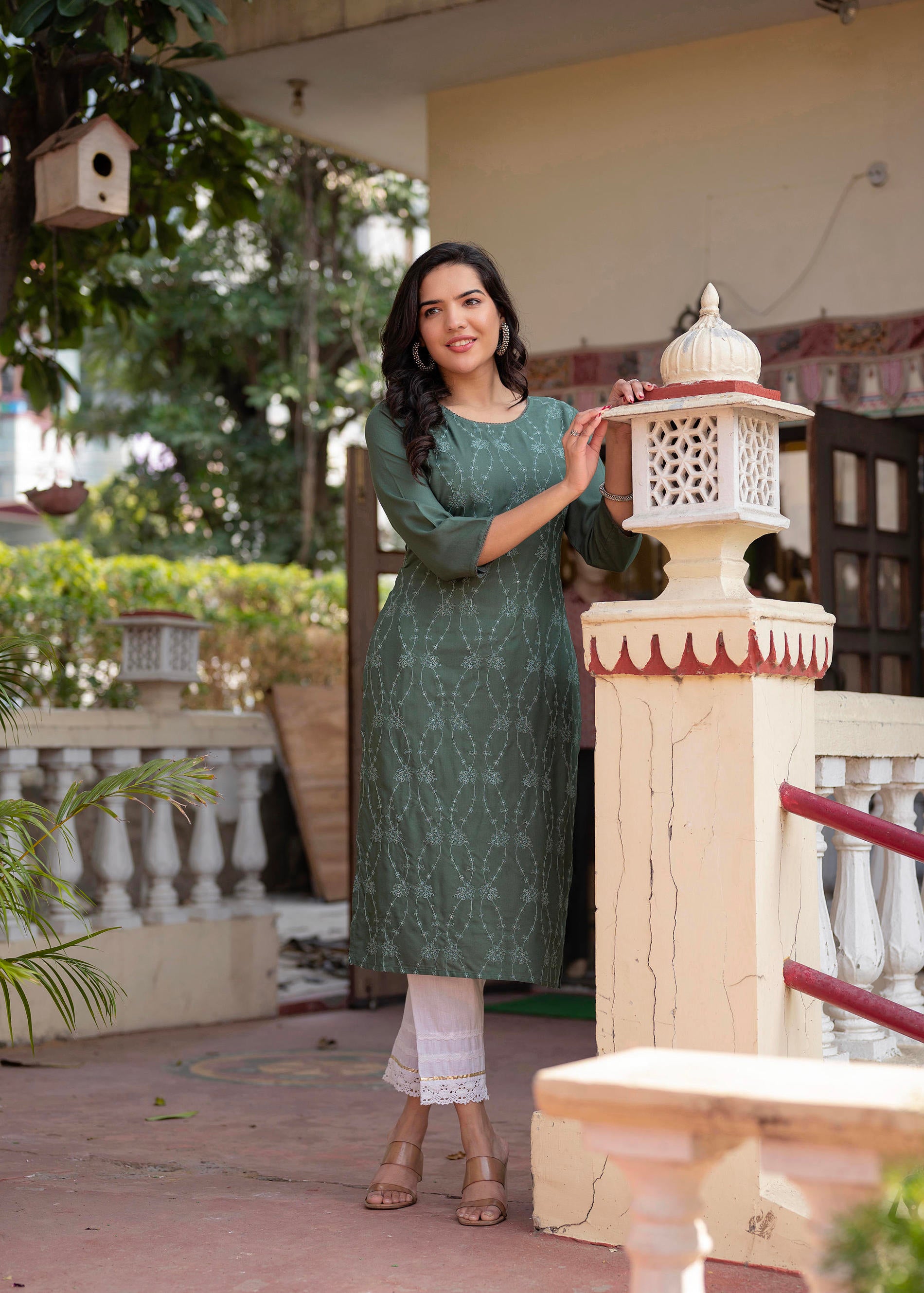 Sage Green Embroidered Viscose Kurta with Sequins & Cotton Lace
