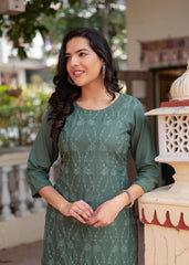Sage Green Embroidered Viscose Kurta with Sequins & Cotton Lace-P1289SAGEGREEN_ON