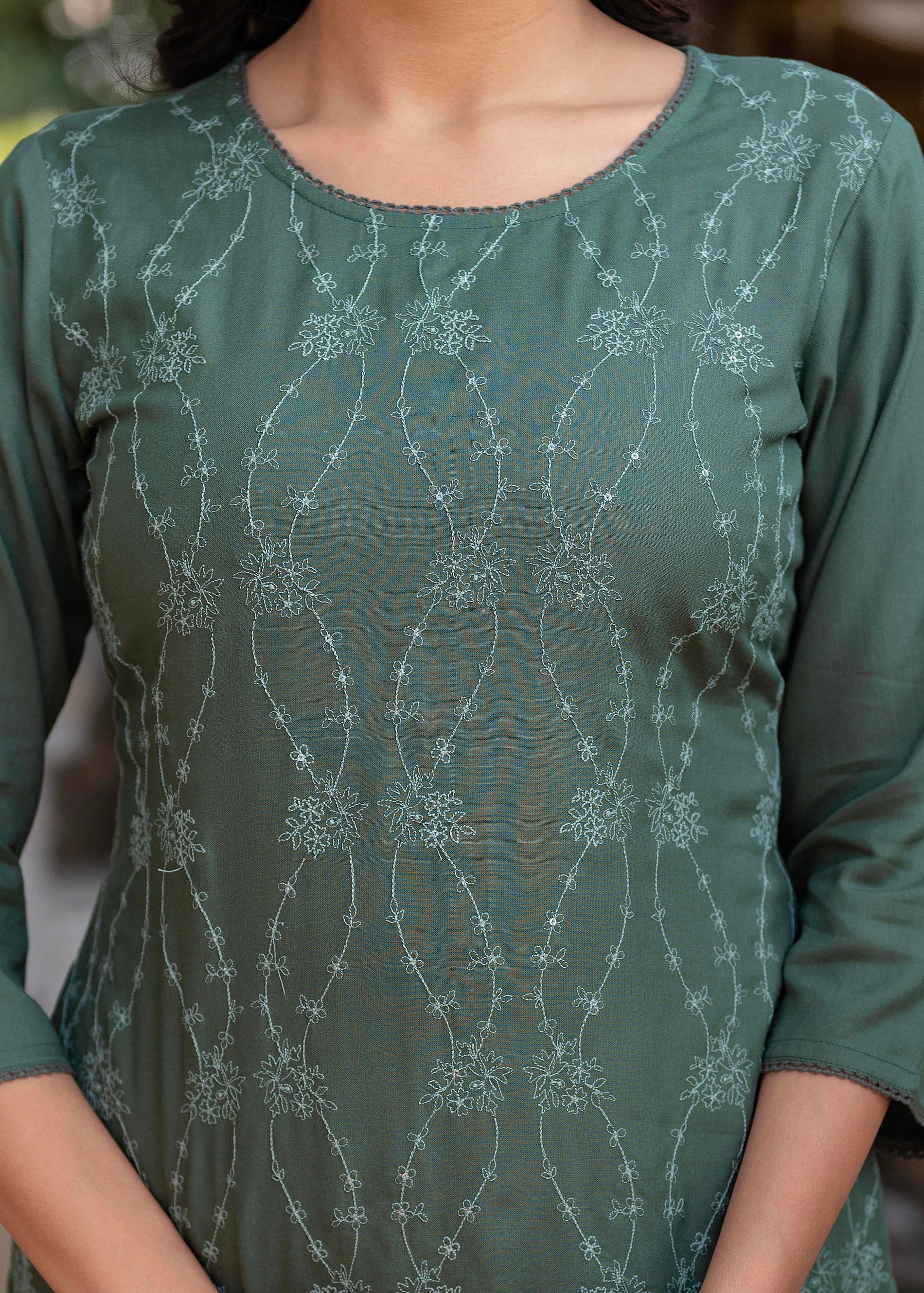 Sage Green Embroidered Viscose Kurta with Sequins & Cotton Lace