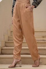 Women Dark Beige Viscose Solid Straight Pant-P1290BEIGE_ON