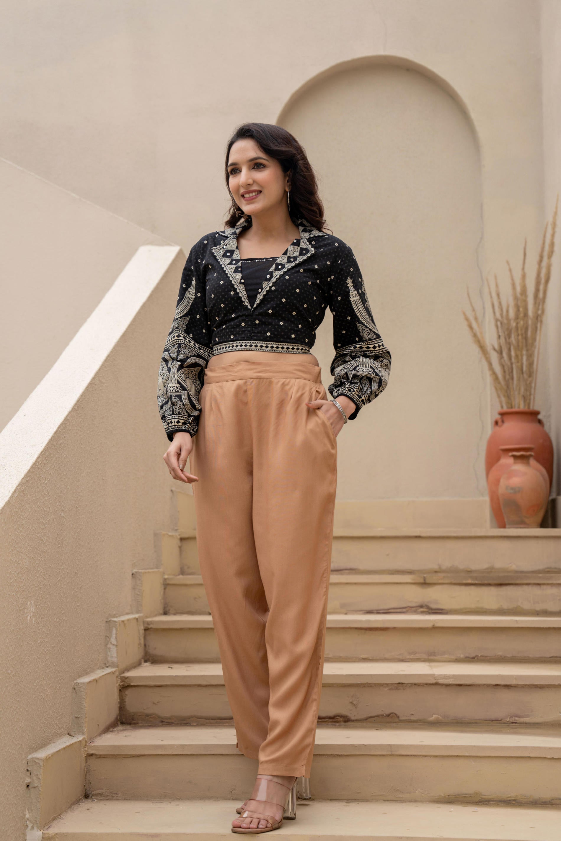 Women Dark Beige Viscose Solid Straight Pant