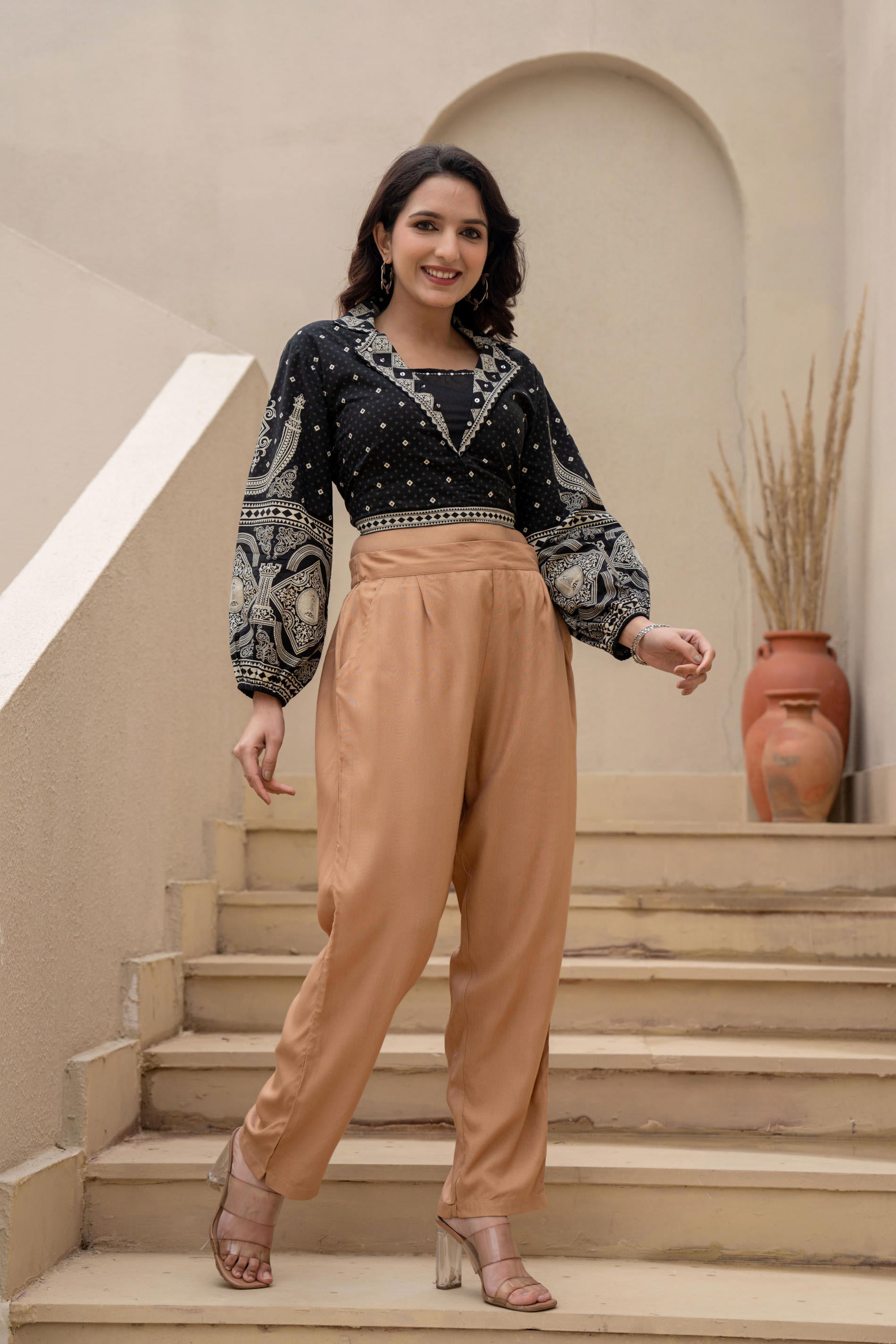 Women Dark Beige Viscose Solid Straight Pant