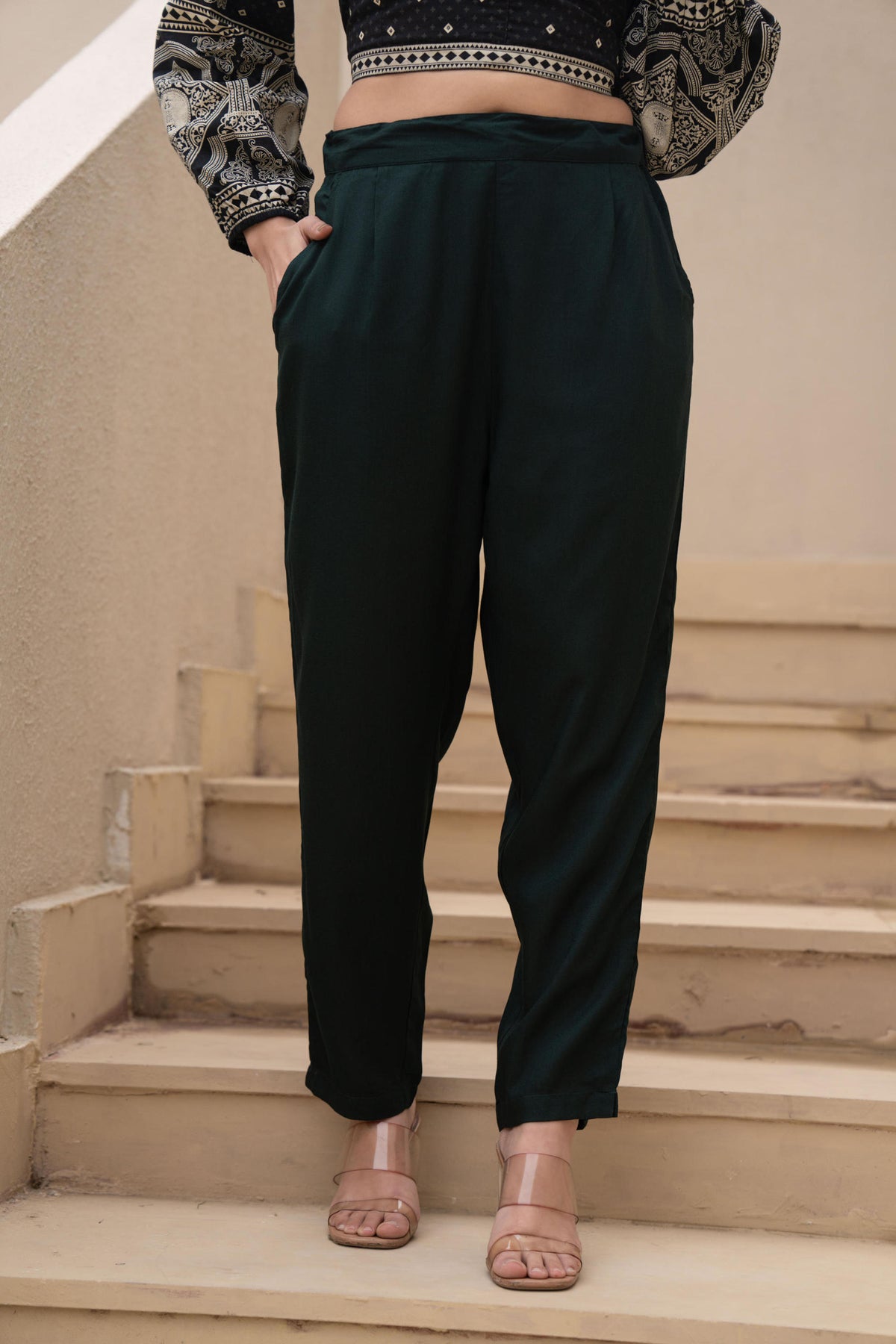Women Bottlegreen Viscose Solid Straight Pant-P1290BOTTLEGREEN_ON