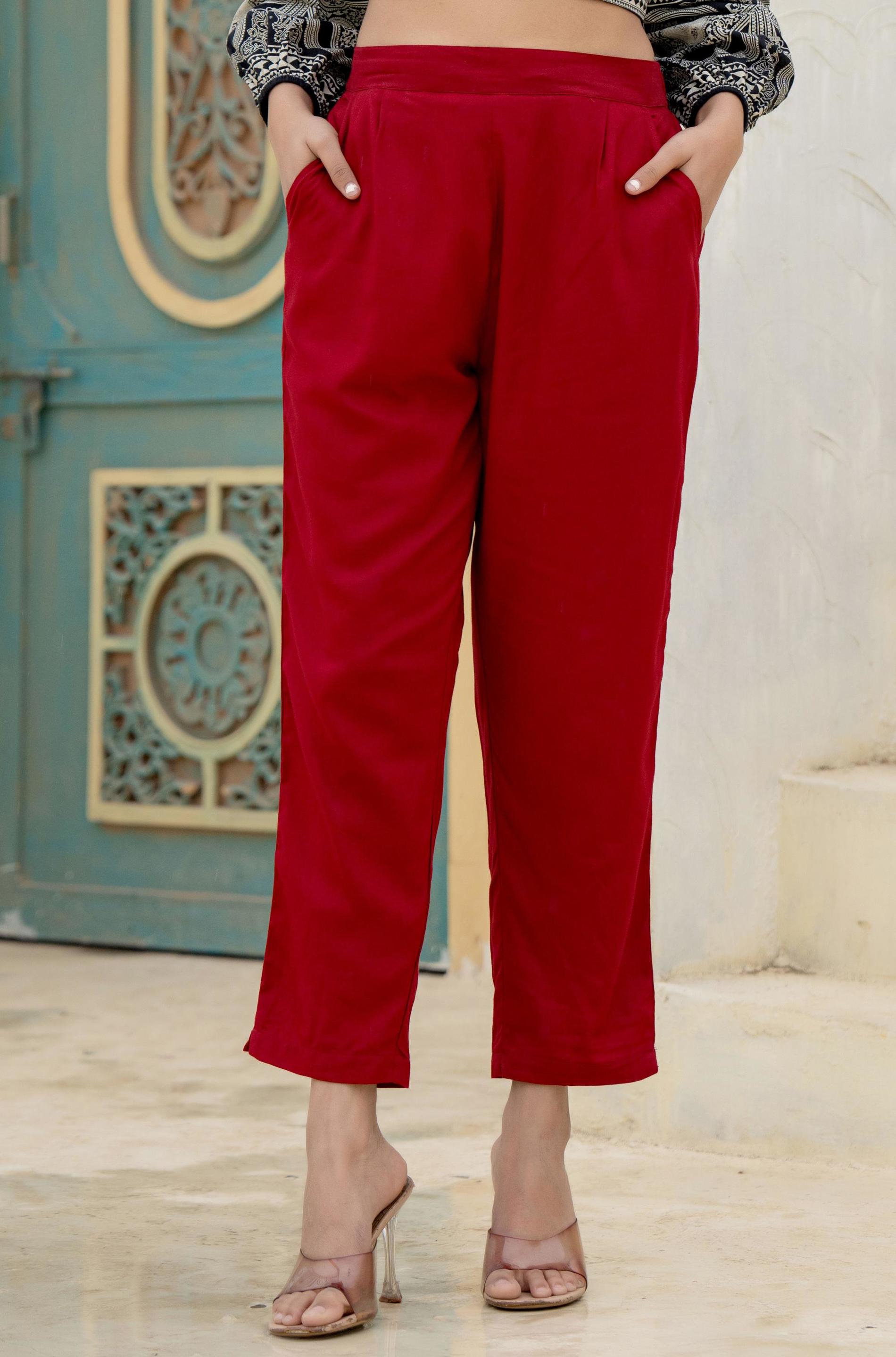Women Maroon Viscose Solid Straight Pant