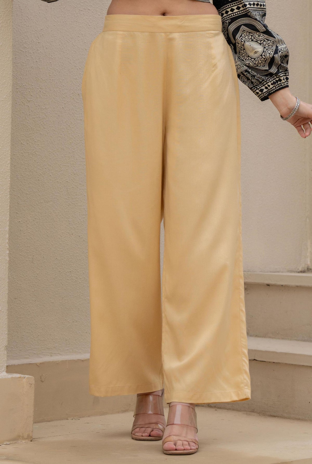 Women Gold Viscose Solid Wide Palazzo-P1291GOLD_ON