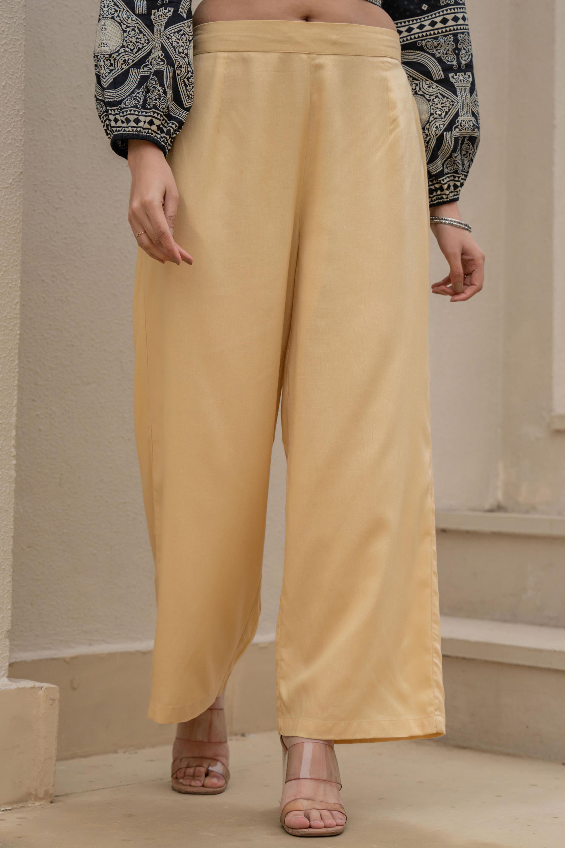 Women Gold Viscose Solid Wide Palazzo