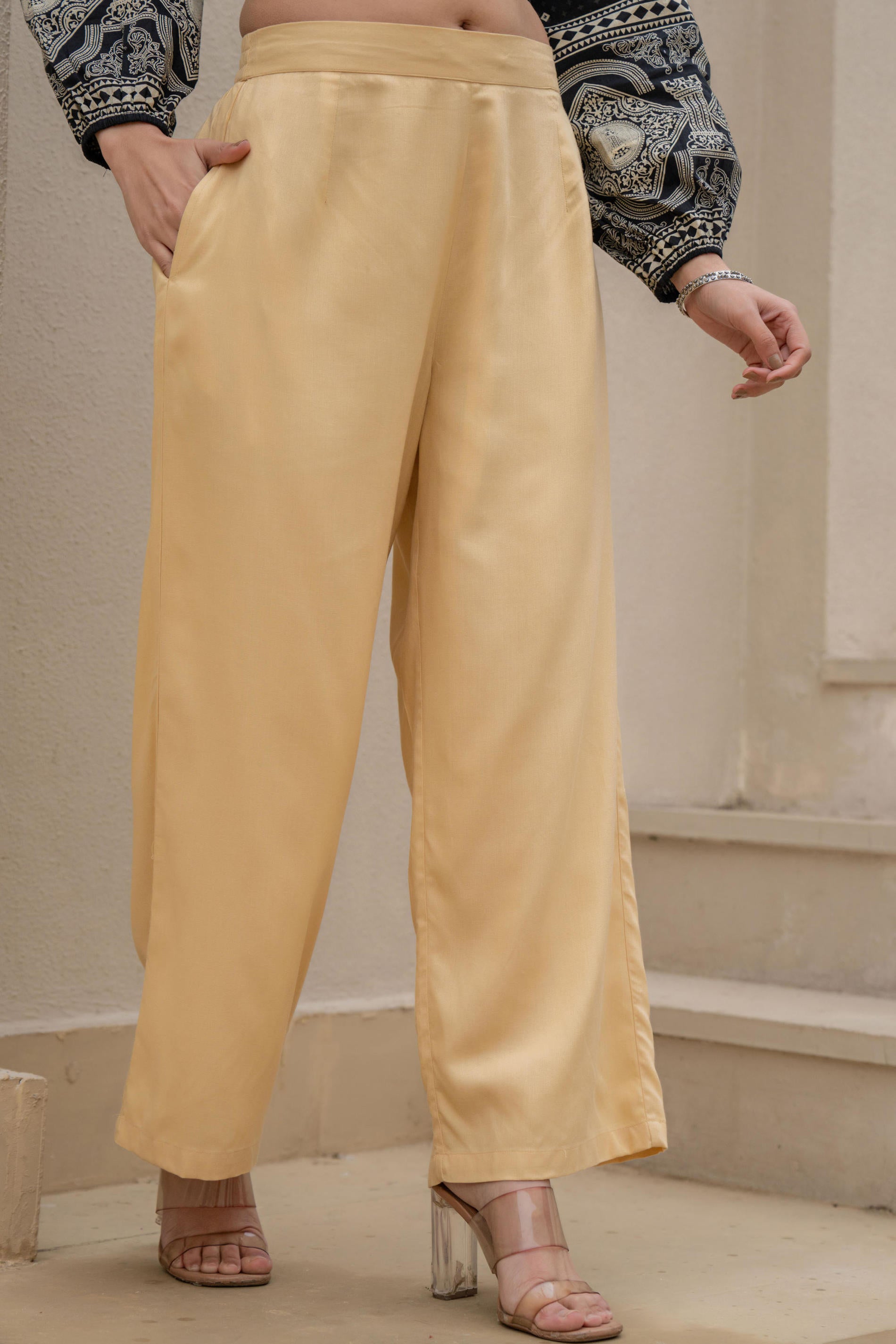 Women Gold Viscose Solid Wide Palazzo
