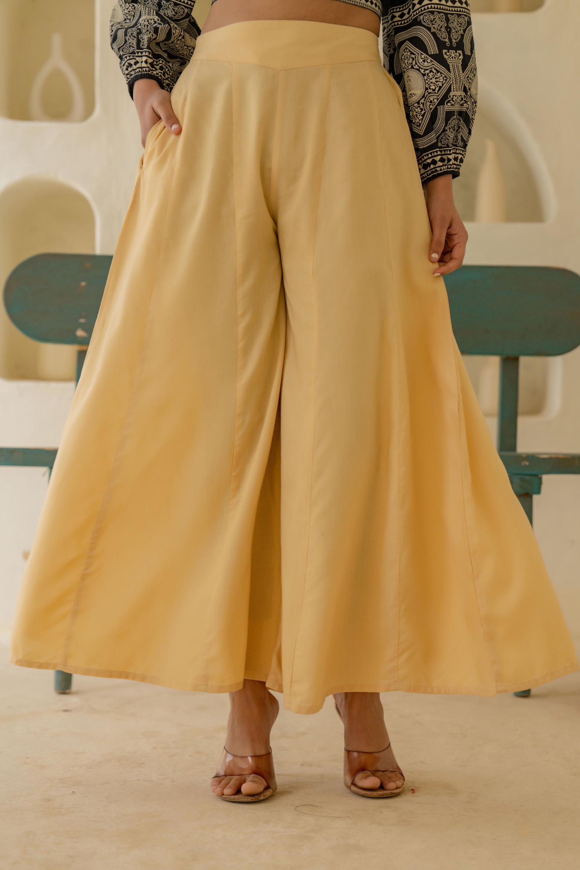 Women Gold Viscose Solid Flared Palazzo