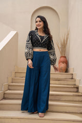 Women Navy Viscose Solid Flared Palazzo-P1292NAVY_ON