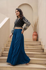 Women Navy Viscose Solid Flared Palazzo-P1292NAVY_ON