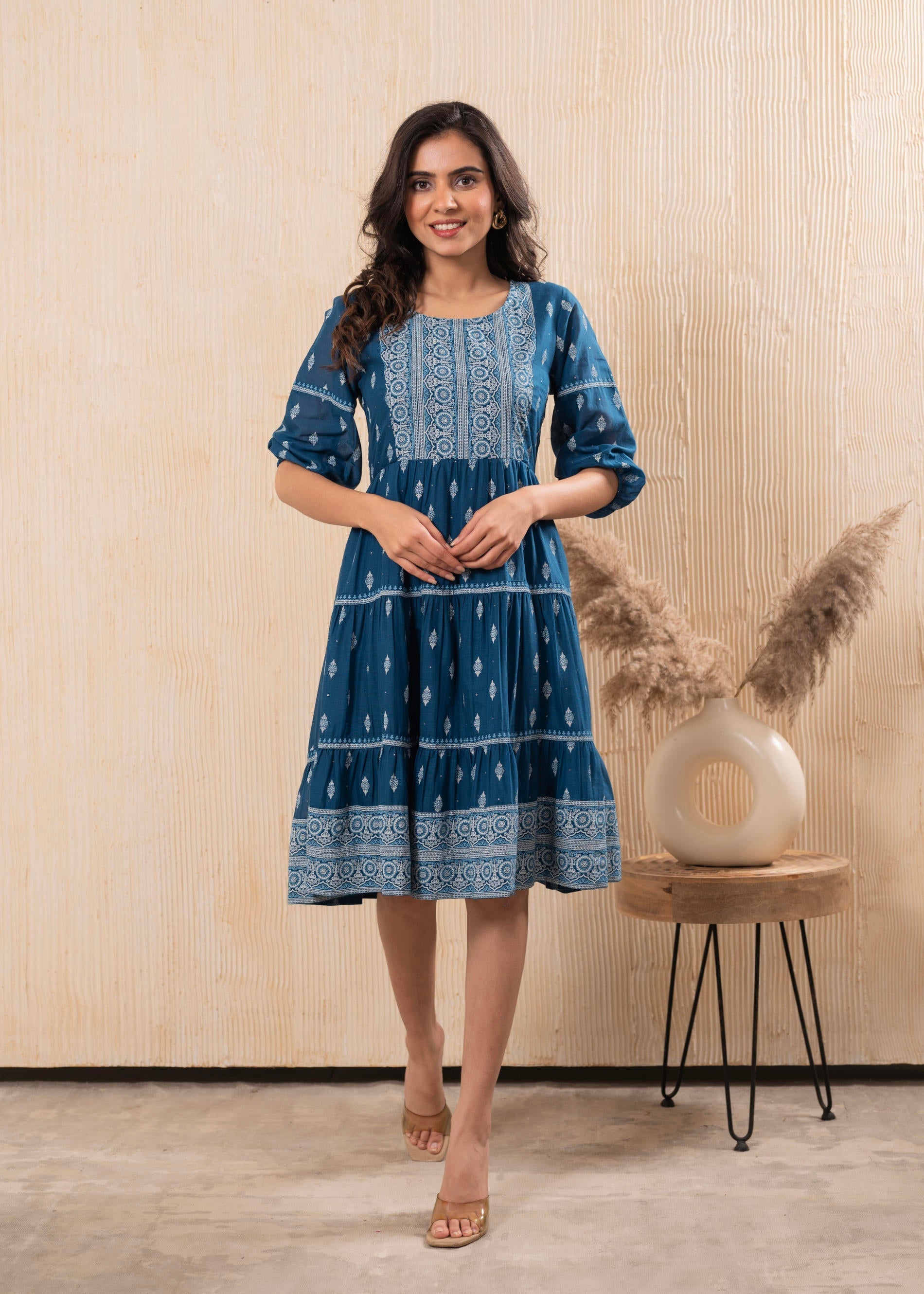 Indigo Blue Printed Boho Knee-Length Fit & Flare Dress | DesiQlo