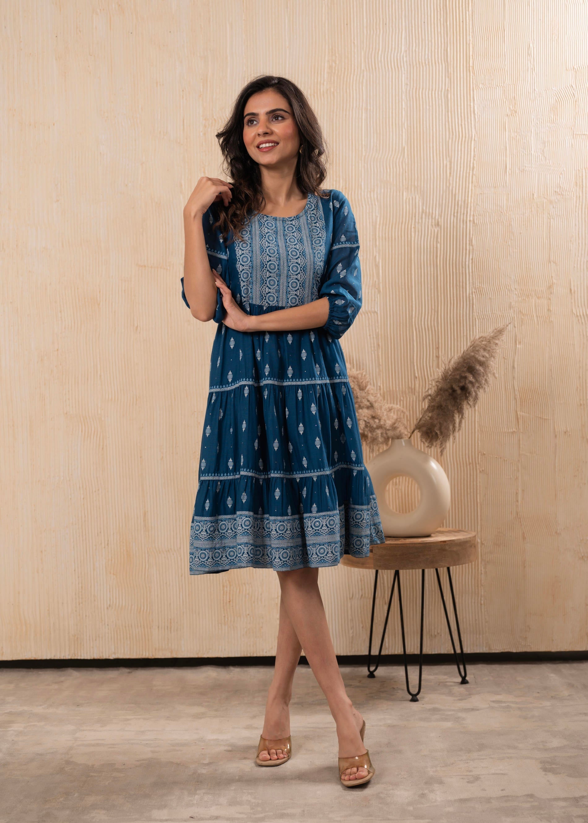 Indigo Blue Printed Boho Knee-Length Fit & Flare Dress | DesiQlo