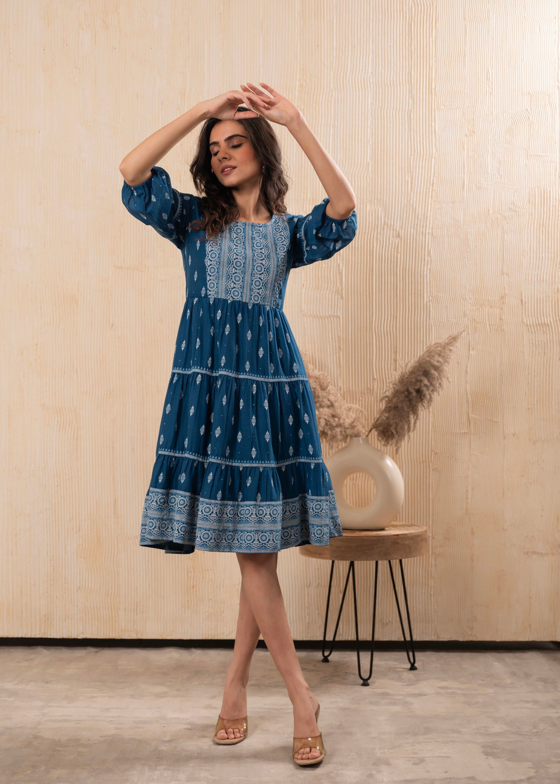 Indigo Blue Printed Boho Knee-Length Fit & Flare Dress | DesiQlo
