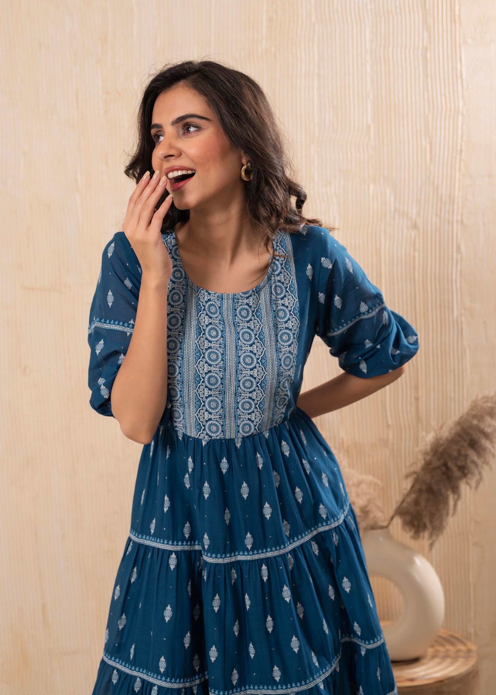 Indigo Blue Printed Boho Knee-Length Fit & Flare Dress | DesiQlo