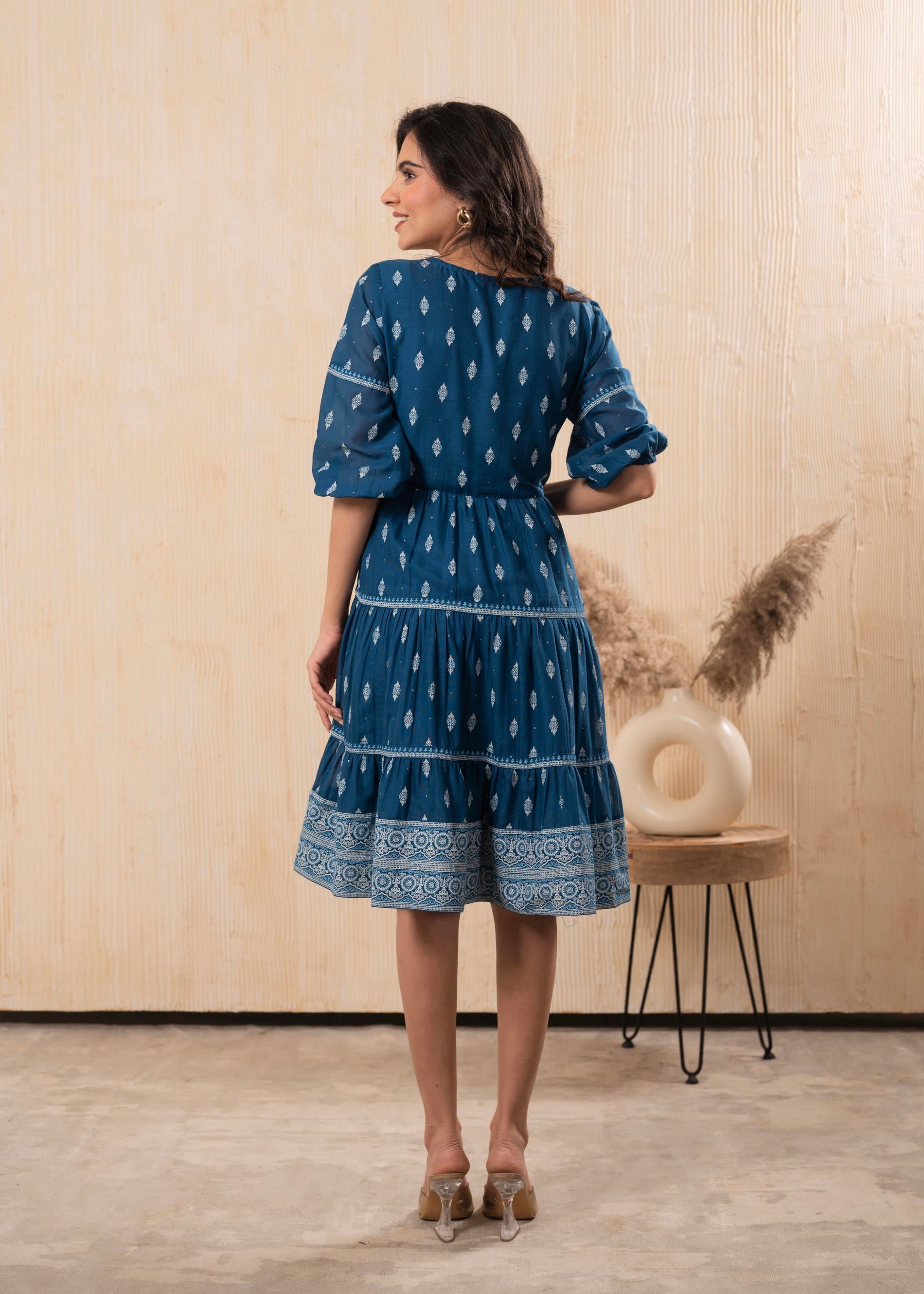 Indigo Blue Printed Boho Knee-Length Fit & Flare Dress | DesiQlo